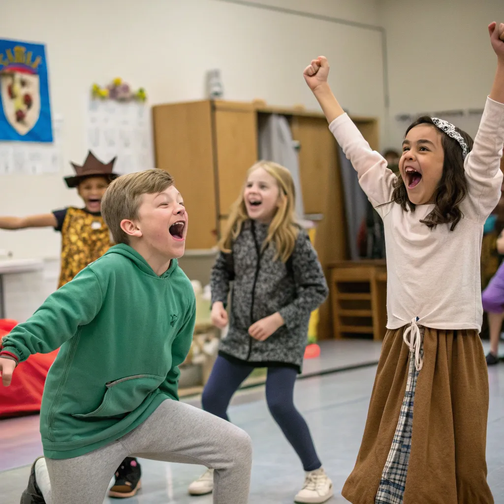 Children in an acting class, expressing emotions enthusiastically